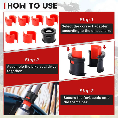 Steps to use Universal Motorcycle Fork Seal Driver Kit With Six Adapter Sizes 35mm 36mm 40mm 41mm 42mm 43mm 45mm 46mm 47mm 48mm 49mm 50mm
