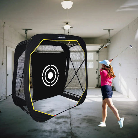 Woman practicing with Golf Pop Up Practice Net 6X6X3Ft Portable For Backyard Garage Training And Driving Range Use Dope Nylon Netting
