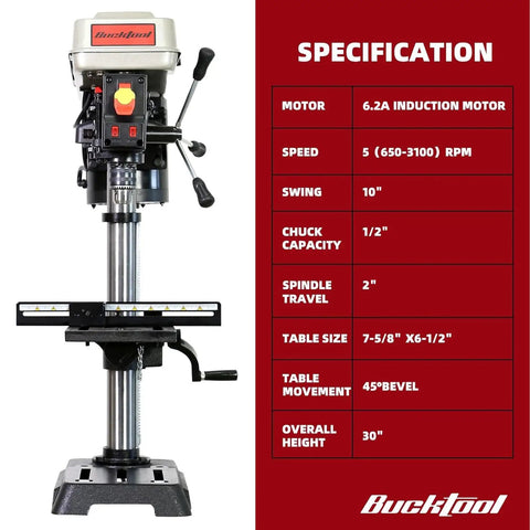 Front view of 10 Inch Drill Press With 6.2 Amp Induction Motor Three Quarter Horsepower Benchtop Drill Press Five Speed LED Work Light
