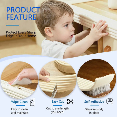 Thick W Shape Baby Proofing Edge Protectors Soft Foam Corner Guards Self Adhesive Furniture Bumpers with child reaching for drawer.