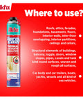 Heavy Duty Fire Rated Spray Foam Insulation Kit Delivers Knockout Seal Coverage For 960 Square Feet On Walls And Attics on a red background showcasing usage areas.