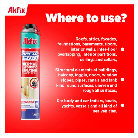 Heavy Duty Fire Rated Spray Foam Insulation Kit Delivers Knockout Seal Coverage For 960 Square Feet On Walls And Attics on a red background showcasing usage areas.