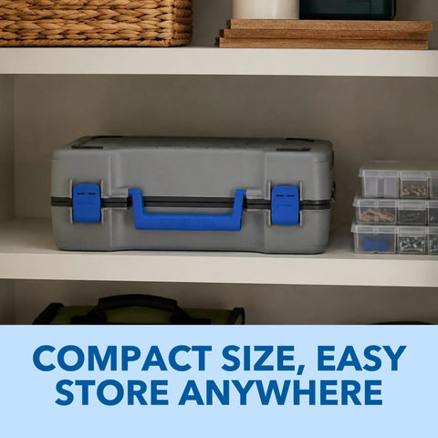 Badass Portable 12V Cordless Circular Saw Station Features Smooth Miter Bevel And Straight Rip Cutting Guide on storage shelf.