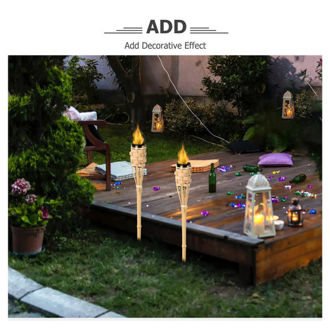 Natural Bamboo Tiki Torch Outdoor Set 2 Pack with Decorative Woven Design for backyard vibes and garden lighting, installed on patio