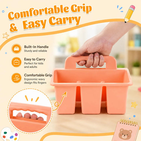 Hand holding orange Plastic Classroom Caddy With Handle Six Pack 4 Compartment Desk Organizer for school supplies.
