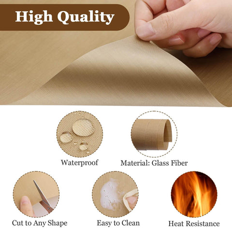 Close-up of 20 Pack Teflon Sheets for Heat Press and Ironing showing waterproof, cuttable, easy to clean, and heat resistance features.