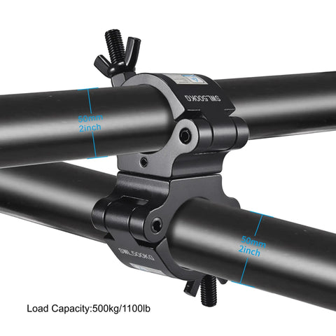 Beefy Heavy Duty Swivel Truss Clamp Set 2 Pack For 2 Inch Trusses Dual Head Turn As Needed 360 Degree Lighting Clamps Fits 48 To 52mm Truss OD Aluminum Alloy 6061 Pro Grade Safety And Durability, 50mm truss clamp close-up