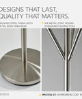 Close-up of brushed steel finish and hooks on Tall Brushed Steel Coat Rack With Six Hooks For Coats Bags Purses And Hats Space Saving Entryway Organizer Standing 67 Inches In Height For Small Apartments