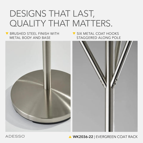 Close-up of brushed steel finish and hooks on Tall Brushed Steel Coat Rack With Six Hooks For Coats Bags Purses And Hats Space Saving Entryway Organizer Standing 67 Inches In Height For Small Apartments
