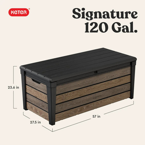 Signature Collection 120 Gallon Resin Deck Box For Patio Gear Stash And Organization Perfect For Outdoor Cushions Throw Pillows Pool Accessories Towels Garden Tools And Beach Gear Rustproof Weather Resistant Walnut