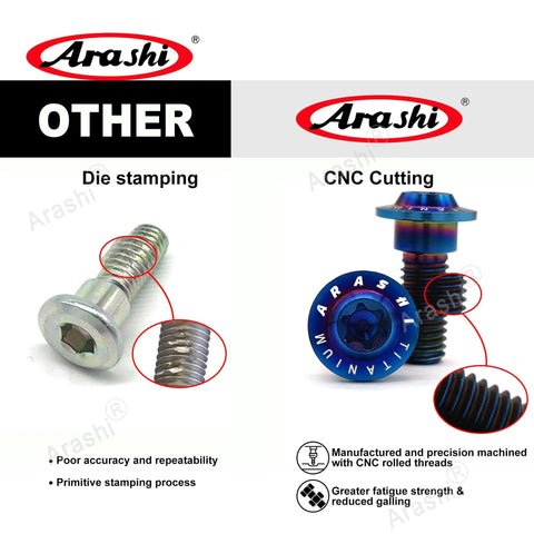 Comparison of die-stamped and CNC-cut bolts highlighting precision, with Arashi branded Gold Titanium Tapered Torx Bolts M8x22 for Suzuki.