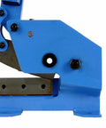 Side view of blue 5 Inch Benchtop Manual Plate Shear Workhorse For Sheet Metal Rebar Carbon Steel And Round Stock Cuts