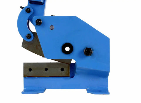 Side view of blue 5 Inch Benchtop Manual Plate Shear Workhorse For Sheet Metal Rebar Carbon Steel And Round Stock Cuts
