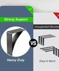Illustration comparing Heavy Duty Shelf Brackets 10 By 12 By 2.5 Inch Two Pack, Steel Triangle Mantel Brackets and weaker alternatives.