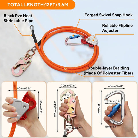 Tree Climbing Flipline Kit With Half Inch Wire Core, Twelve Foot Length, Triple Lock Carabiner Adjuster, Arborist Lanyard