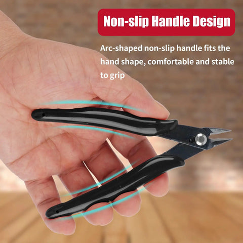 Two Pack Micro Wire Cutters 5 Inch Flush Cutters Pliers Diagonal Side Cutters Nippers with black handles shown in hand