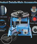 Heavy Duty Table Top Welding Positioner With Secure Sixty Five Millimeter Chuck And Zero To Ninety Degree Tilt showing accessories and controls.