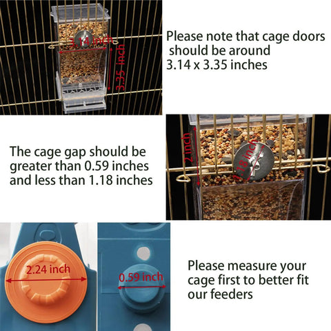 Two Pack Automatic No Mess Bird Cage Feeder Set With Clear Acrylic Food Tray And Blue Water Dispenser For Parrots, size dimensions and installation tips.