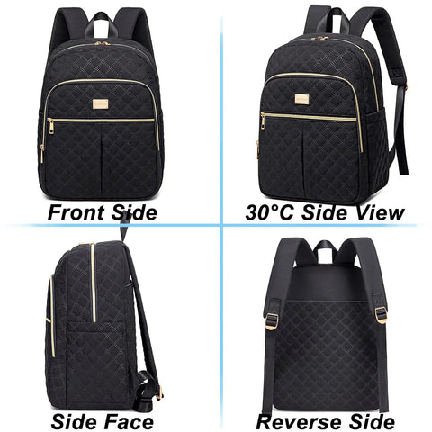 Four views of Womens Lunch Backpack With 20L Insulated Cooler, On The Go Meal Bag For Work Or Adventure, black quilted design.