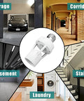 Smart Motion Sensor Light Socket Screw In Bulb Adapter For E26 E27 Outlets Auto On Off When Motion Detected No Fuss Install Perfect For Garage Storage Rooms Hallways Basements 4 Pack, shown in garage, corridor, basement, stairs