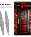 Strap hinges next to a festive decorated wooden door with wreath, text highlighting compact size and portability benefits.