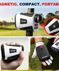 Golf Rangefinder With Slope And Magnetic, Coach Mode And Triangulation, Upgraded Laser Rangefinder, 1200 Yard Range, 7X Magnification, Seven Modes For Golf And Hunting, Easy Pin Lock For Men And Women; compact white and black handheld unit