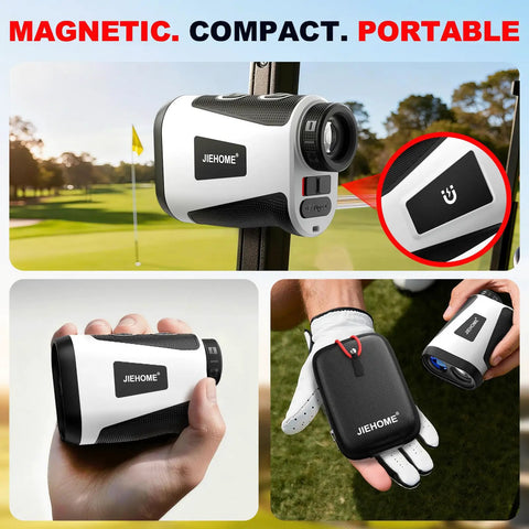 Golf Rangefinder With Slope And Magnetic, Coach Mode And Triangulation, Upgraded Laser Rangefinder, 1200 Yard Range, 7X Magnification, Seven Modes For Golf And Hunting, Easy Pin Lock For Men And Women; compact white and black handheld unit