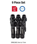 Limited Clearance 1/2 Inch Drive Socket Set, 12 Point, 9 Piece, Metric 8mm To 17mm, Cr-Mo Steel shown in black heavy-duty design