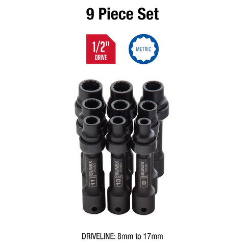 Limited Clearance 1/2 Inch Drive Socket Set, 12 Point, 9 Piece, Metric 8mm To 17mm, Cr-Mo Steel shown in black heavy-duty design