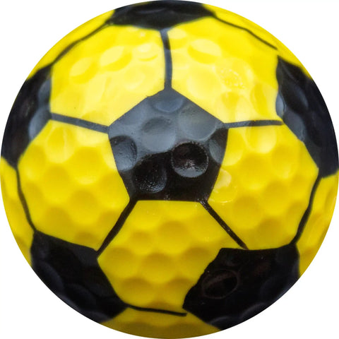 Bright Yellow Soccer Golf Balls Set Of 12 With 360 Degree Soccer Design close-up of one ball