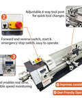 Control panel of Badass Mini Metal Lathe 8 Inch Swing By 31.5 Inch Center Distance with adjustable tool post and speed controls.