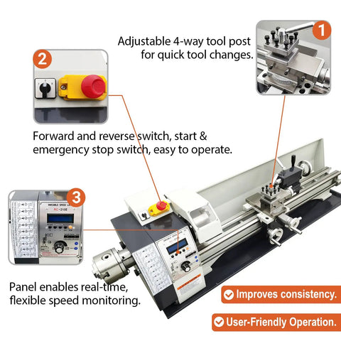 Control panel of Badass Mini Metal Lathe 8 Inch Swing By 31.5 Inch Center Distance with adjustable tool post and speed controls.