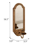 Vintage Gold Wall Mounted Candle Sconce With Mirrored Backplate And Floral 3D Woven Texture For Bathroom Or Living Room, 14.1" height.