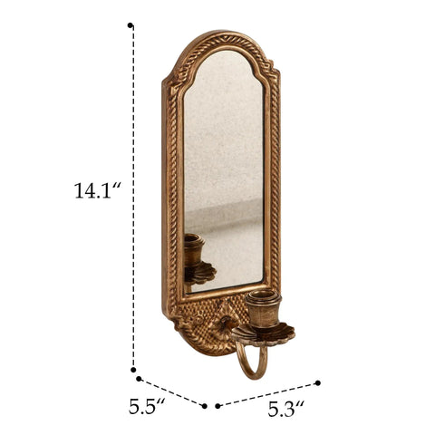 Vintage Gold Wall Mounted Candle Sconce With Mirrored Backplate And Floral 3D Woven Texture For Bathroom Or Living Room, 14.1" height.