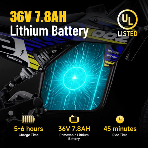 Close-up of 36V 7.8AH lithium battery in Electric Dirt Bike for Kids 1000W 36V Youth Motocross with 3 Speed Modes