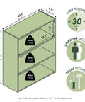 Diagram of 3-Tier Wide Book Shelf For Living Room, Bedroom, And Home Office with dimensions and assembly details.