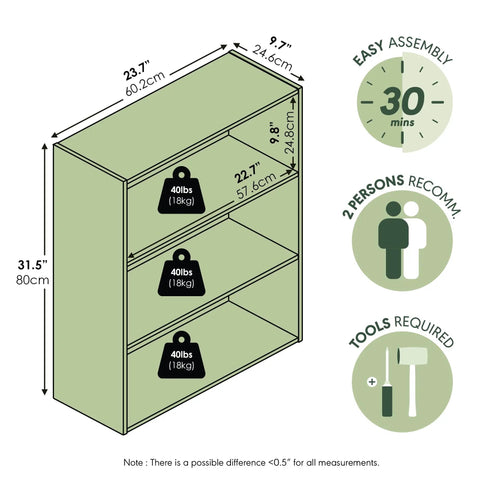 Diagram of 3-Tier Wide Book Shelf For Living Room, Bedroom, And Home Office with dimensions and assembly details.