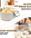 Silicone bread sling with sourdough in pot and stainless steel dough scraper, part of All In One Sourdough Starter Kit With 9 Inch Round And 10 Inch Oval Banneton Proofing Baskets Starter Jar Bread Sling Lame Danish Dough Whisk And Resealable Bags For Easy Home Baking