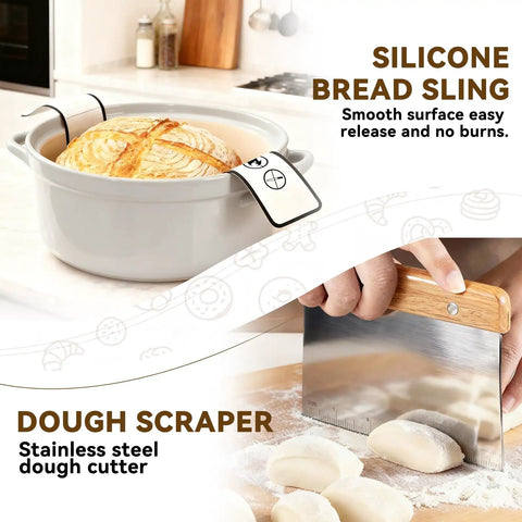 Silicone bread sling with sourdough in pot and stainless steel dough scraper, part of All In One Sourdough Starter Kit With 9 Inch Round And 10 Inch Oval Banneton Proofing Baskets Starter Jar Bread Sling Lame Danish Dough Whisk And Resealable Bags For Easy Home Baking
