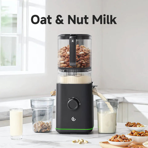 Top Rated 3-In-1 Cold Press Juicer For Juice, Nut Milk And Sorbet with oats and nuts in the hopper, pouring nut milk.