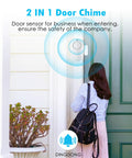 Door Window Alarm System With 120 Decibel Loud Chime Easy Stick On Mount White Home Safety Alarm For Kids Detects Entry Up To 750 Feet Ideal For Doors And Windows No Drills Required installed on a door frame with a person entering.