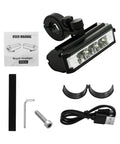 Ultra Bright USB Rechargeable Bike Light With Waterproof Aluminum Headlamp and accessories, black color.