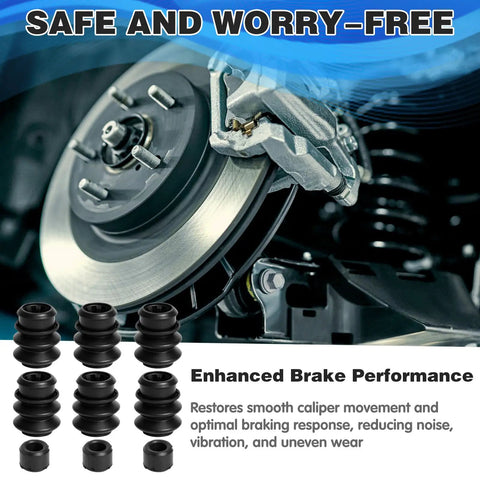 9 Piece Caliper Brake Slide Pin Kit With Rubber Bushings And Sealing Rings shown near a car brake disc and caliper.