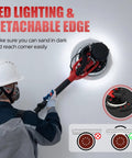 Heavy Duty Drywall Sander For Knocking Off Popcorn Ceilings Fast With 8 Amp Motor And Slick Retractable Pole showing LED lighting and detachable edge.