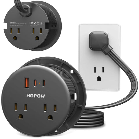 Dual Sided Desk Grommet Power Strip With Four AC Outlets And Three USB Ports Including Two Type C Connectors, showing flush mount design and power cord.