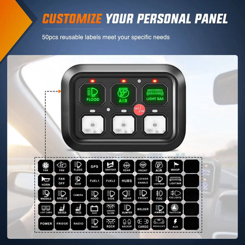 Six Gang Switch Panel With Relay And Fuse Harness For Cars Trucks Boats ATVs UTVs And SUVs, customizable labels displayed