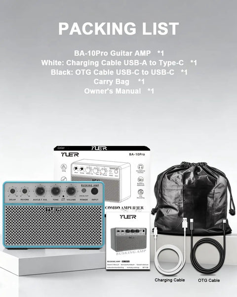Packing list for 10W Portable Acoustic Guitar Amp With Dual One Quarter Inch Inputs For Guitar And Microphone, accessories included