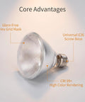KOFEOPT 2-Pack PAR38 Flood Light Bulbs, 90W 120V Halogen Bulb Dimmable showcasing glare-free hex grid mask and E26 screw base.