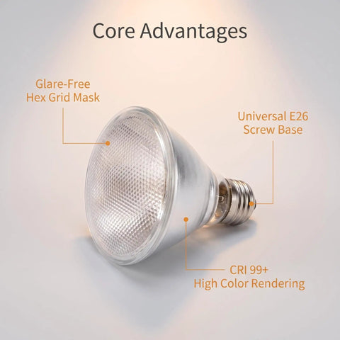 KOFEOPT 2-Pack PAR38 Flood Light Bulbs, 90W 120V Halogen Bulb Dimmable showcasing glare-free hex grid mask and E26 screw base.
