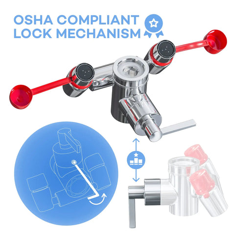Emergency Eyewash Faucet Attachment For Quick Flush OSHA Approved Kit with red nozzles and lock mechanism diagram